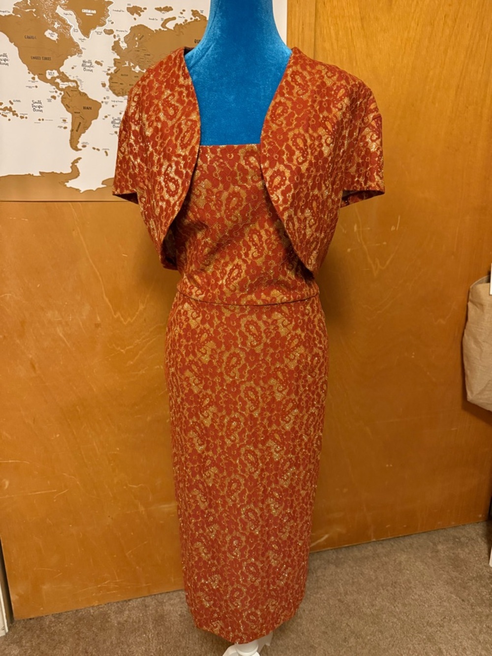 Retro Rust and Gold Brocade Pencil Dress With Matching Bolero